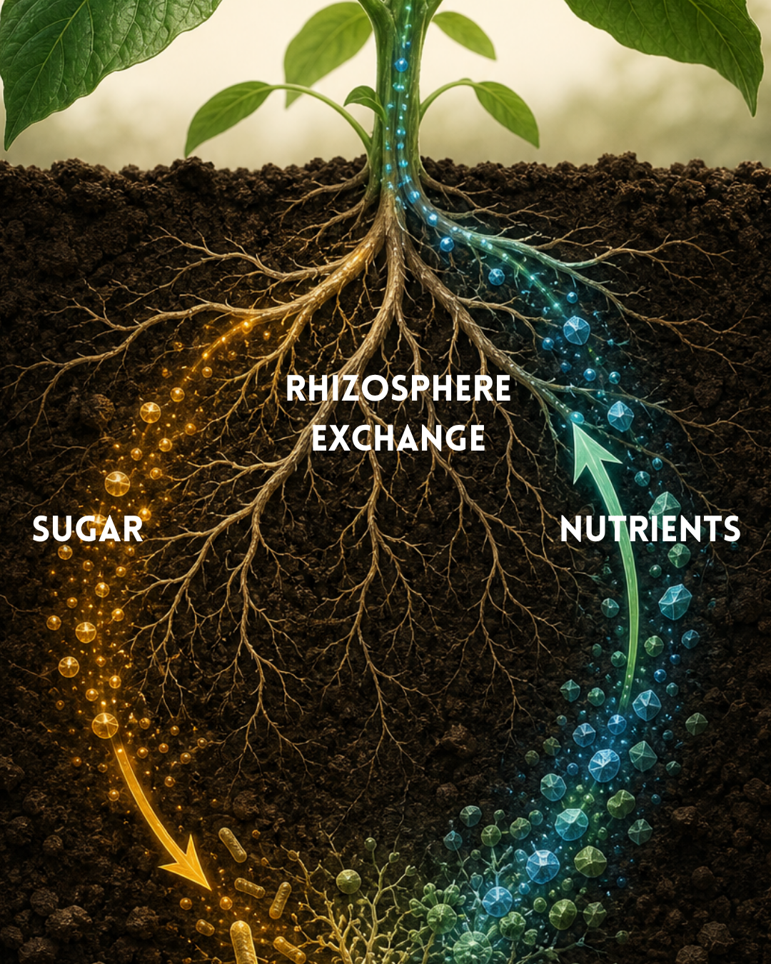 Healthy plant roots surrounded by an active rhizosphere and beneficial soil biology